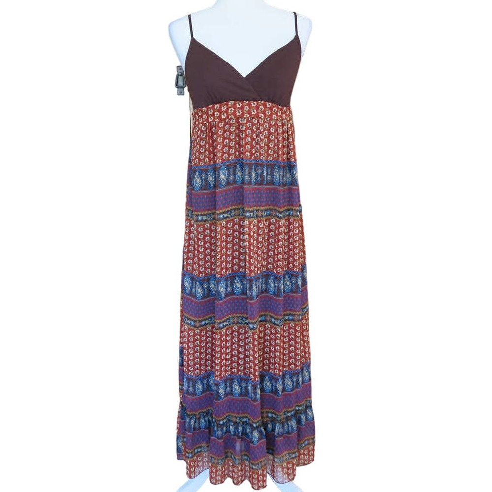 Belle Du Jour Women's Brown & Blue Tiered Cottagecore Maxi Dress. Size S
